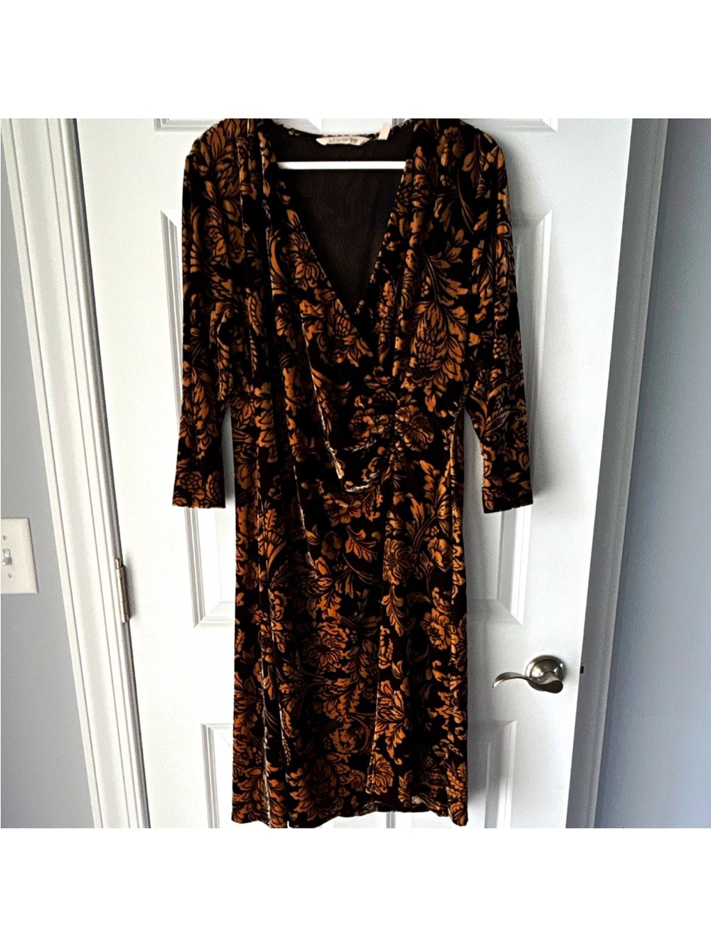 Soft Surroundings Black Velvet Wrap Dress with Gold Floral Velvet Burnout
